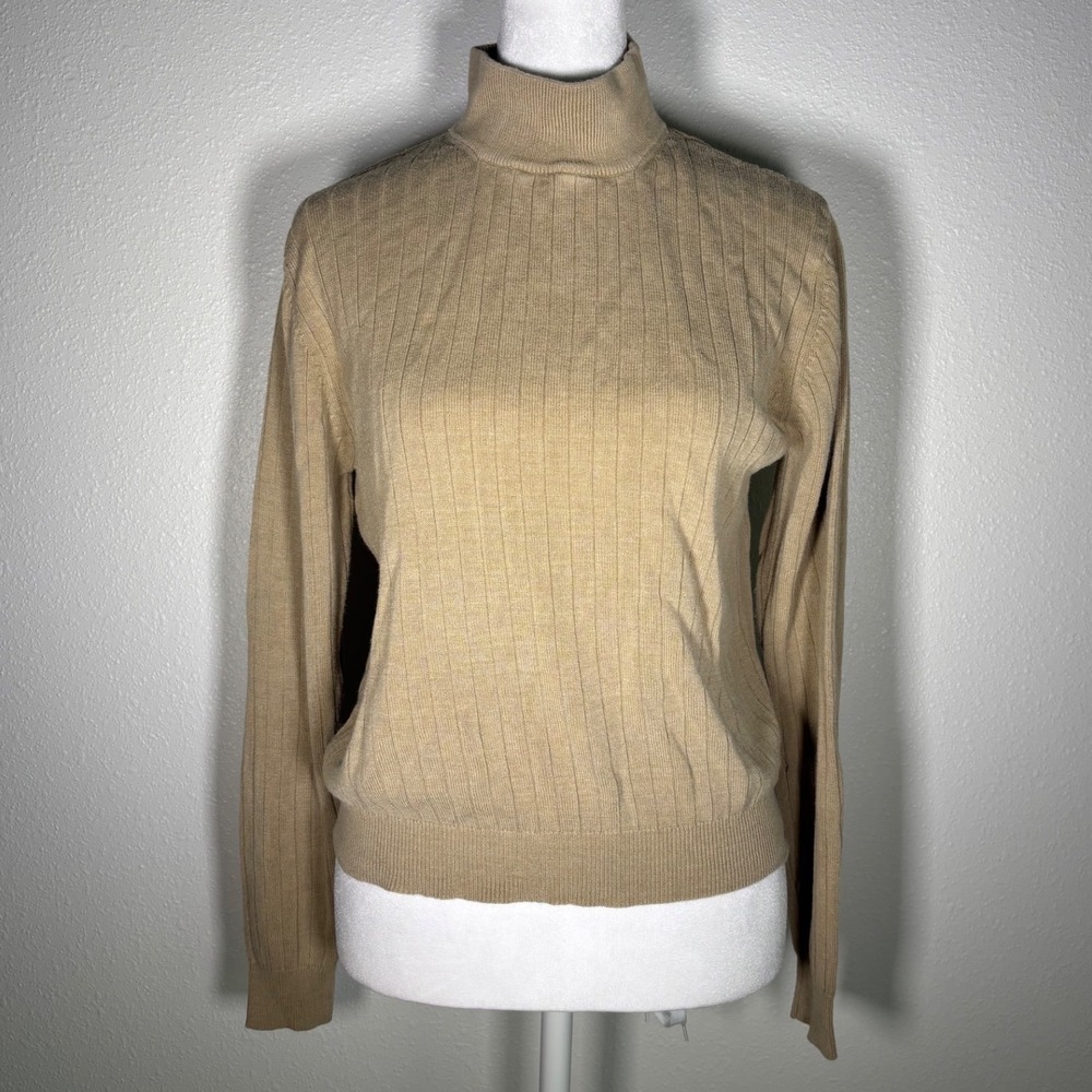 100% Silk Tan Beige Fall Ribbed Mock Turtleneck Long Sleeve Sweater XL Womens